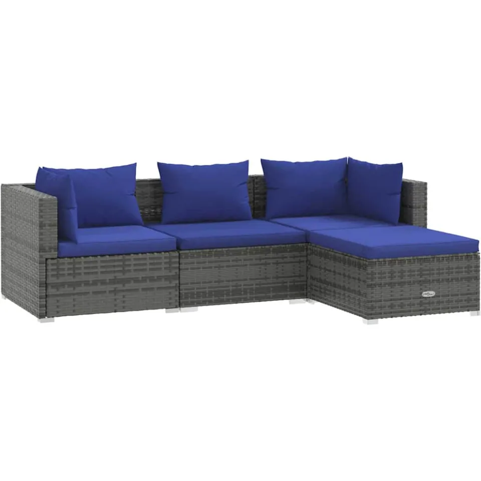 vidaXL 4-delige Loungeset met kussens poly rattan grijs, foto 3