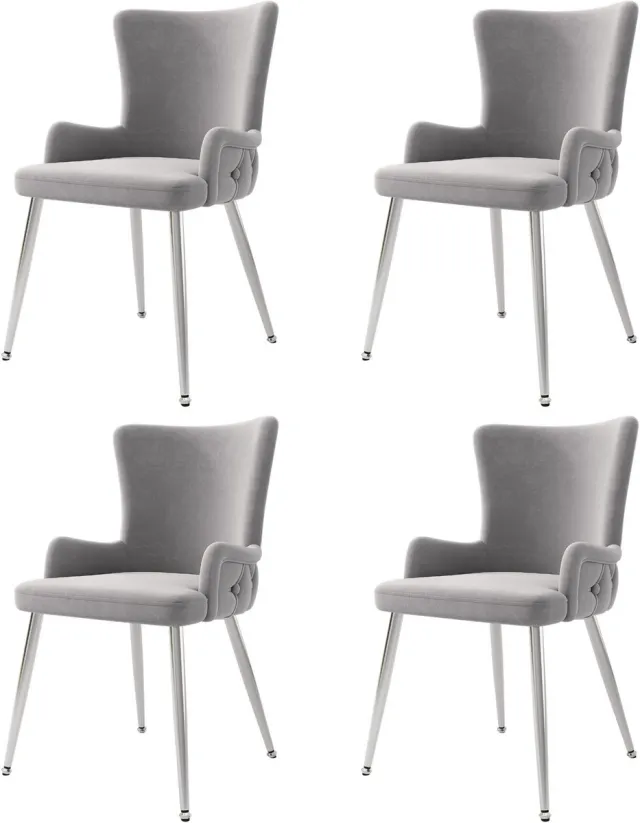 Merax Fluwelen Eetkamerstoelen Set van 4 - Luxe Kuipstoelen met Zilveren Metalen Poten - Grijs Gestoffeerde Stoelen