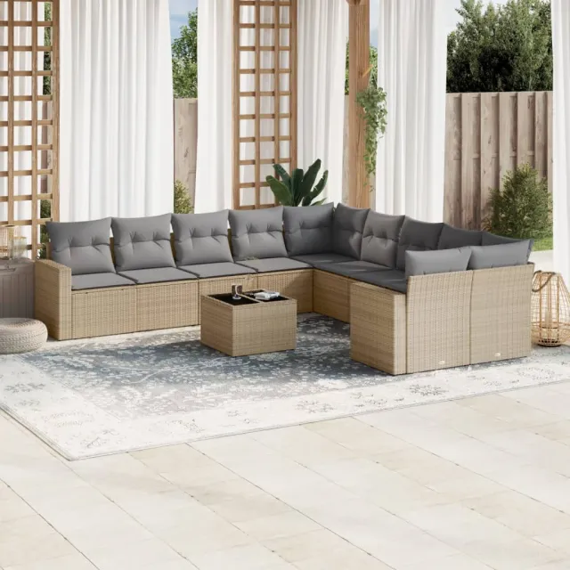 vidaXL 11-delige Tuinset met kussens poly rattan beige, foto 2