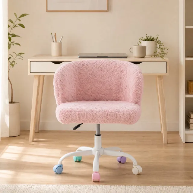 HAUSS SPOLE Bureaustoel Fluffy Pink Verstelbaar En 360 Graden Draaibaar Voor Slaapkamer Make Up Ruimte En Thuiswerkplek Stof Roze