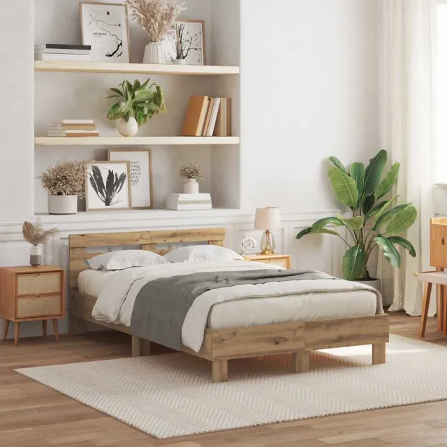 vidaXL Bedframe met hoofdeinde Artisan Eiken 135 x 190 cm Bewerkt hout Bruin