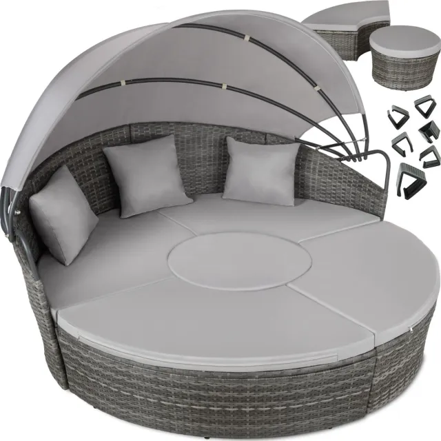 Tectake Wicker Zonne-eiland Santorini - Loungebed voor 2 Personen - Multifunctioneel Rond Ligbed met Zonnescherm - Vrij in te delen Tuin Ligstoel met Luifel - UV- en Weerbestendige Tuinset - Loungeset Inclusief Kussens - Grijs Santorini II: Grijs
