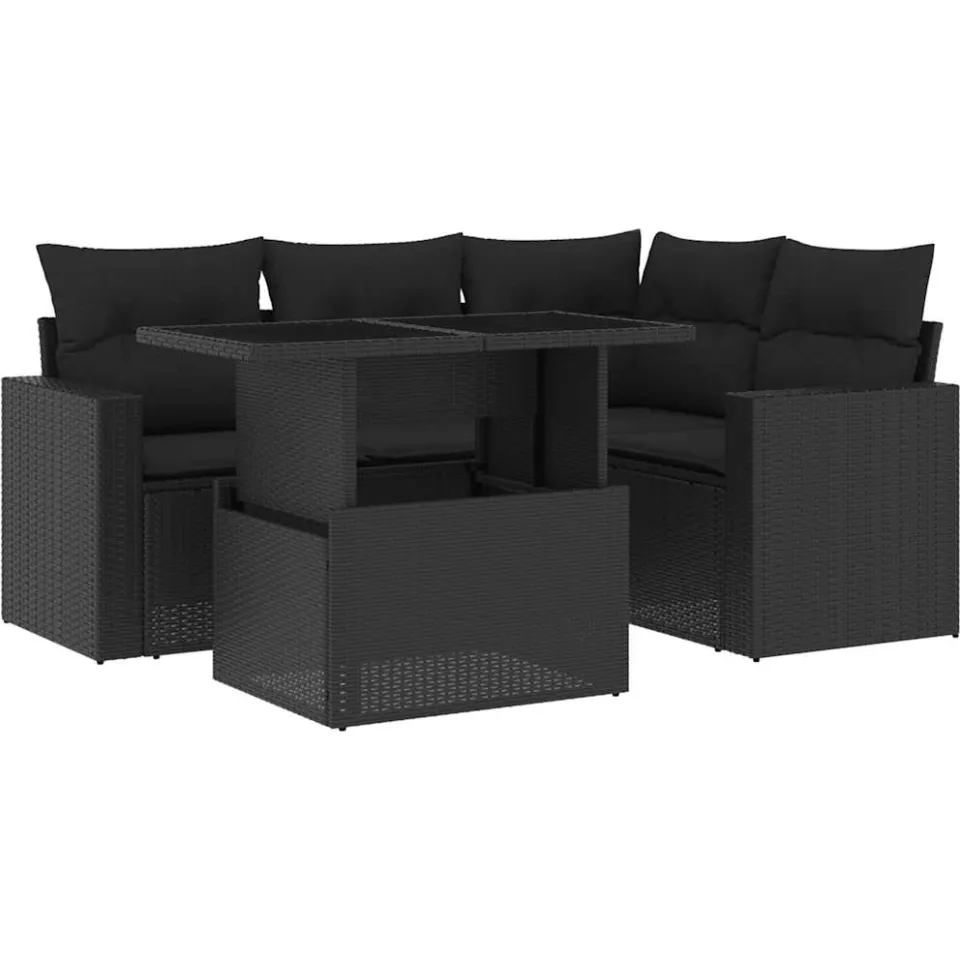 vidaXL 5-delige Loungeset met kussens poly rattan zwart, foto 3