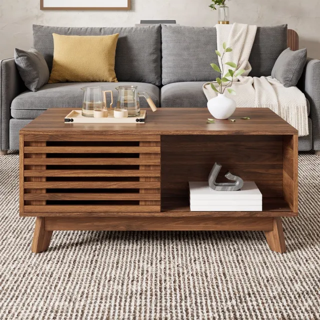 OKWISH Salontafel – Hefbaar Tafelblad – Schuifdeur Met Lamellen – Woonkamer En Kleine Ruimtes – MDF Walnoot – 90x55x57,5 cm