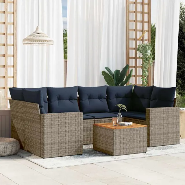 vidaXL 7-delige Loungeset met kussens poly rattan grijs, foto 2