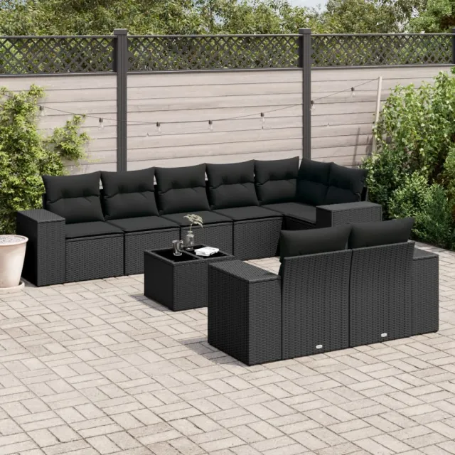 vidaXL 9-delige Loungeset met kussens poly rattan zwart, foto 2