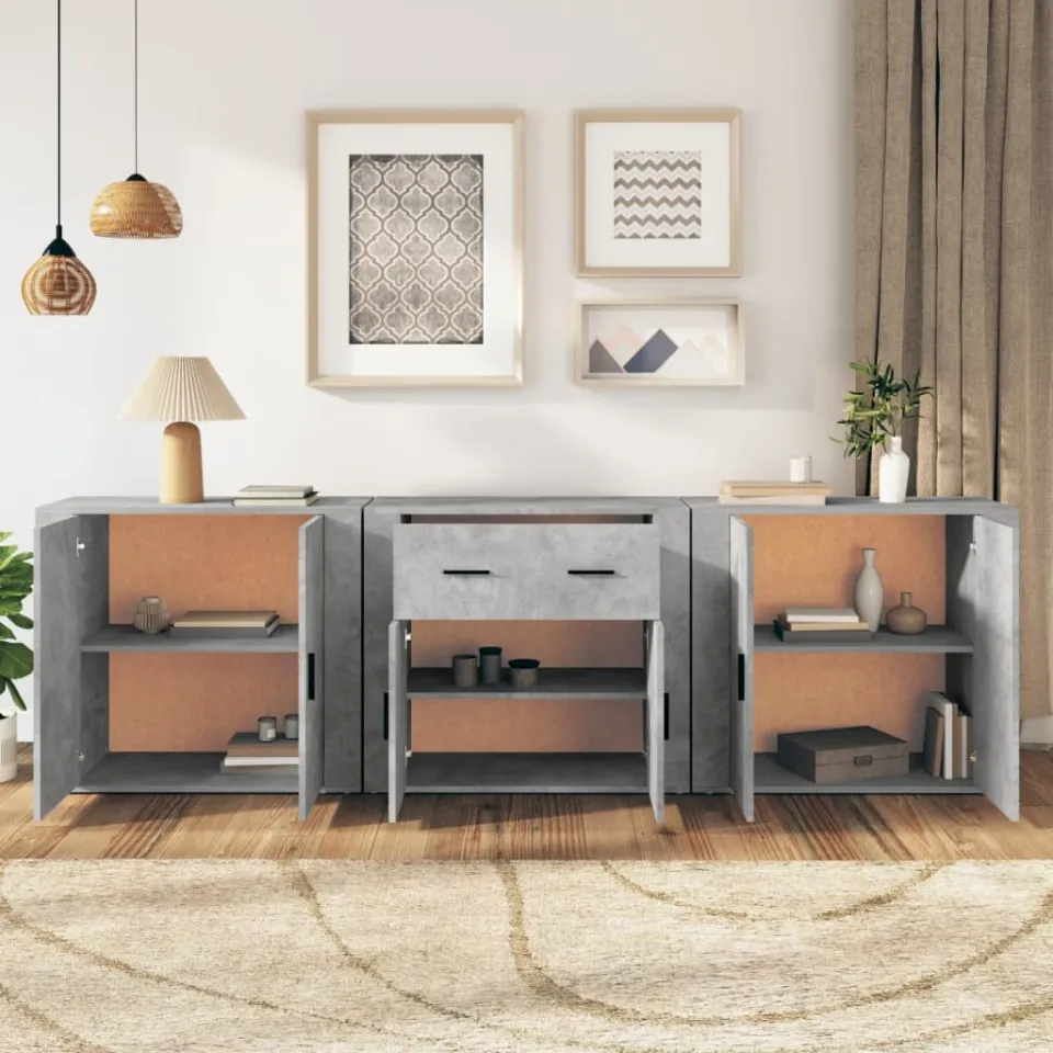 vidaXL Dressoirs 3 st bewerkt hout betongrijs grijs, foto 3