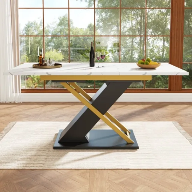 Merax Uitschuifbare eettafel 120-160×80 cm - tafel voor keuken en woonkamer - met gouden kruisvormige tafelpoten - wit tafelblad Zwart