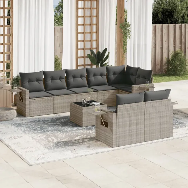 vidaXL 9-delige Loungeset met kussens poly rattan lichtgrijs grijs, foto 2