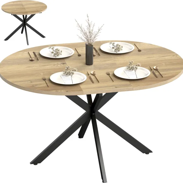 Homcom Uitschuifbare Eettafel voor 4 tot 6 Personen - Ronde Keukentafel - Ovale Eetkamertafel - Naturel met Zwart Natuurhout+Zwart