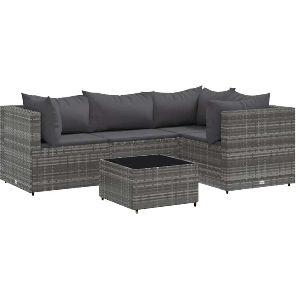 vidaXL 5-delige Loungeset met kussens poly rattan grijs