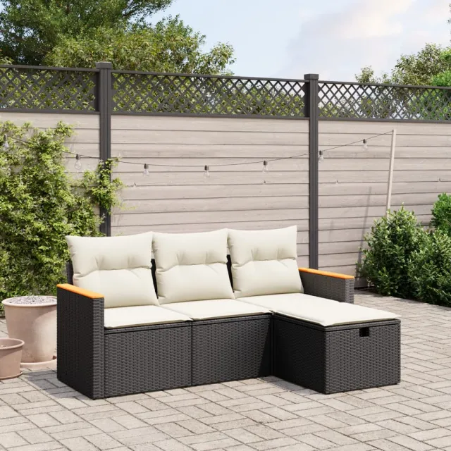 vidaXL 4-delige Loungeset met kussens poly rattan zwart, foto 2