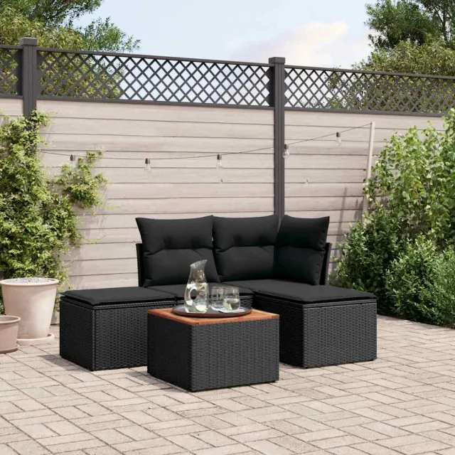 vidaXL 5-delige Loungeset met kussens poly rattan zwart, foto 2