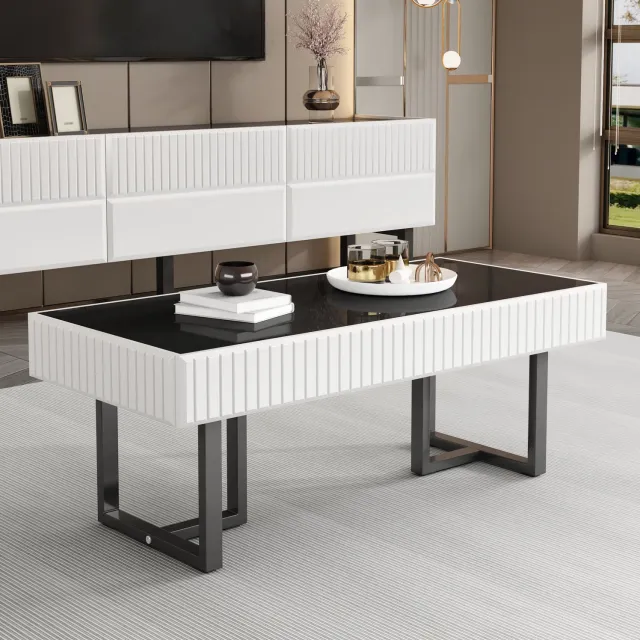 CHICFURN Salontafel - Hoogglanzend tafelblad - Metalen onderstel - Zwart-wit