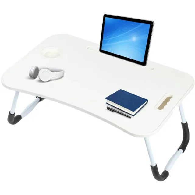 Lomera Opklapbare Laptoptafel - Bedtafel - Laptop Standaard - Tafel met Tablethouder - Bekerhouder - Opberglaatje - Anti-Slip Poten - MDF Tafelblad - Metalen Frame - 60x40 CM - Wit Tafelblad - Creme Kleur - Werken in Bed - Ontbijt op Bed nvt