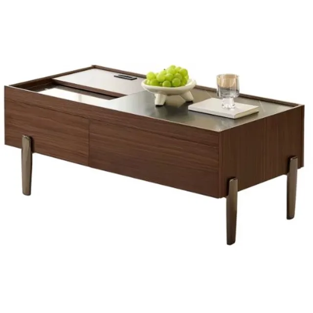 emvae Salontafel - Salontafel met Opbergruimte - Koffietafel - Met Lades - Glazen Blad - 105 x 50 x 41,5 cm - MDF - Donkerbruin Marmerpatroon Donker Bruin