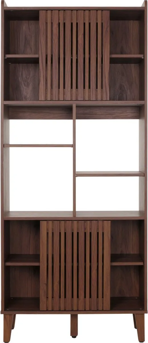 Cosmo Casa Boekenrek - Boekenkast Hoog Met Schuifdeur - 8 Opbergvakken - Mango Massief Hout MDF - 178x75x35cm - Walnootlook Bruin