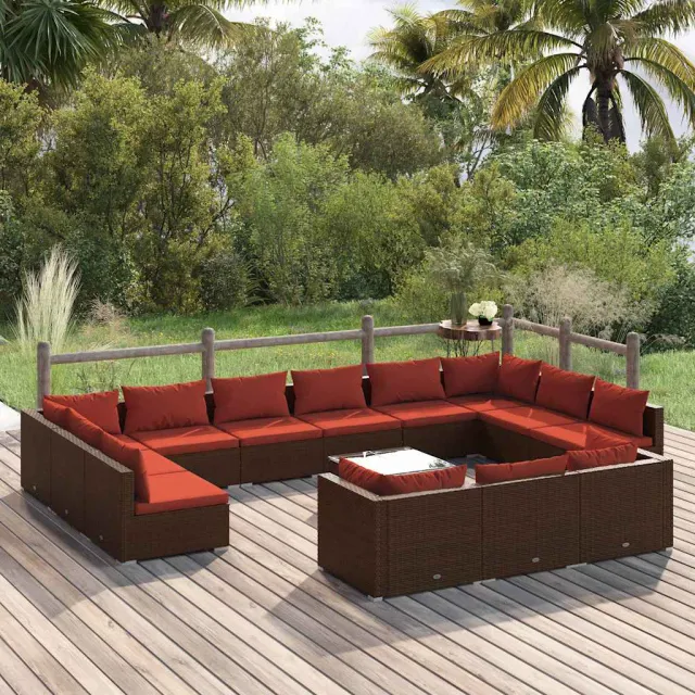 vidaXL 14-delige Loungeset met kussens poly rattan bruin, foto 2
