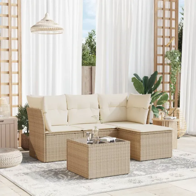 vidaXL 5-delige Loungeset met kussens poly rattan beige, foto 2