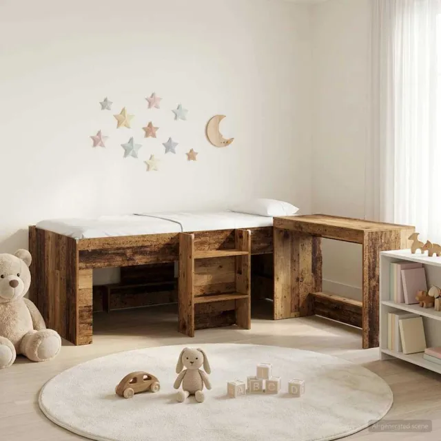 vidaXL Hoge Bed Frame met Bureau voor Kinderen 2 st Oud hout Bruin