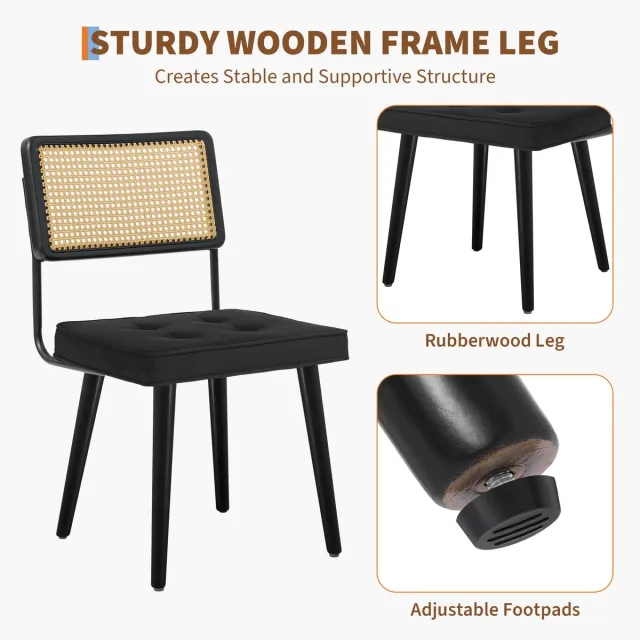 Triumpunpre Set van 1 Eetkamerstoelen - Mid‑Century Rotan Stoelen - Gestoffeerde Zitting - Massief Houten Poten voor Eetkamer en Woonkamer - Fluweel | Zwart