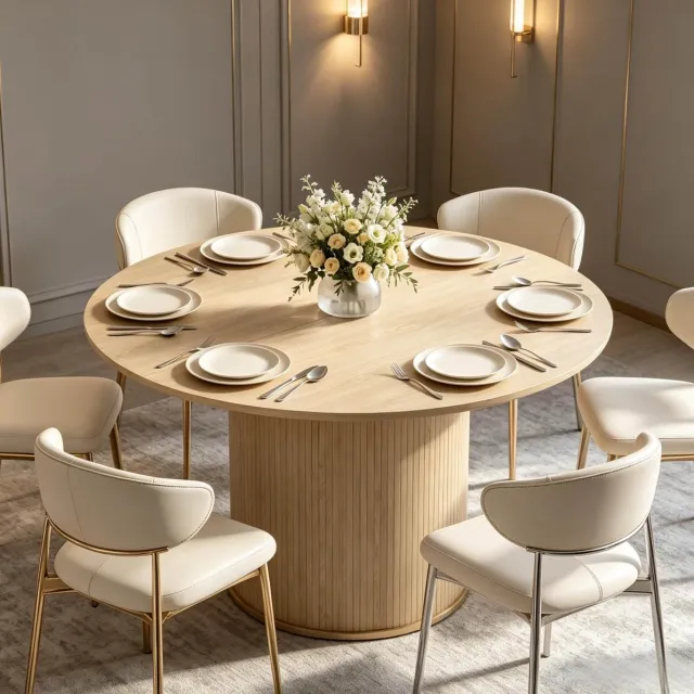 FloraGrace Eettafel - Ronde Tafel Met Zuilbasis En Melamine Afwerking - Voor Woonkamer En Keuken - Hout - Naturel - 120 Cm Natural