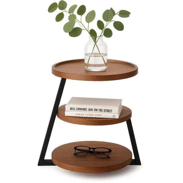 Lomera Moderne Bijzettafel - Bruin Bijzettafeltje - Zwart Metalen Frame - Mdf Plateau - Opstaande Rand - Verstelbare Pootjes - Compacte Tafel - Stijlvolle Bijzettafel - Ronde Tafel - Interieuraccessoire nvt