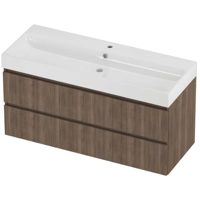 Proline Podium Badmeubelset Polystone Loft 1 Kraangat Symmetrisch 120x46x62 cm Glans Wit Terra Oak Eiken