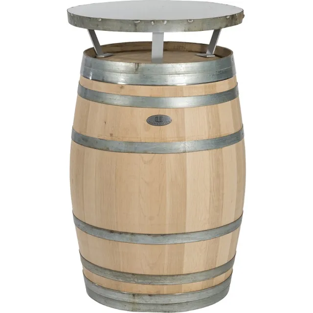 BarrelAtelier Wijnvat Statafel – Gemaakt van Origineel Eiken Wijnvat – Industrieel Design – Ø67 cm x 120 cm hoog – Met Gegalvaniseerd Blad – Bartafel - Duurzaam Houtkleur (onbehandeld)