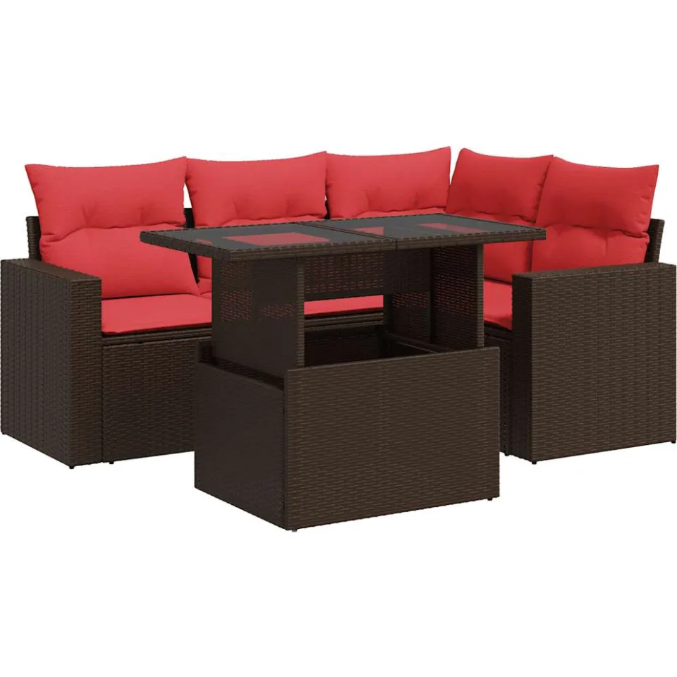 vidaXL 5-delige Loungeset met kussens poly rattan acacia bruin, foto 3