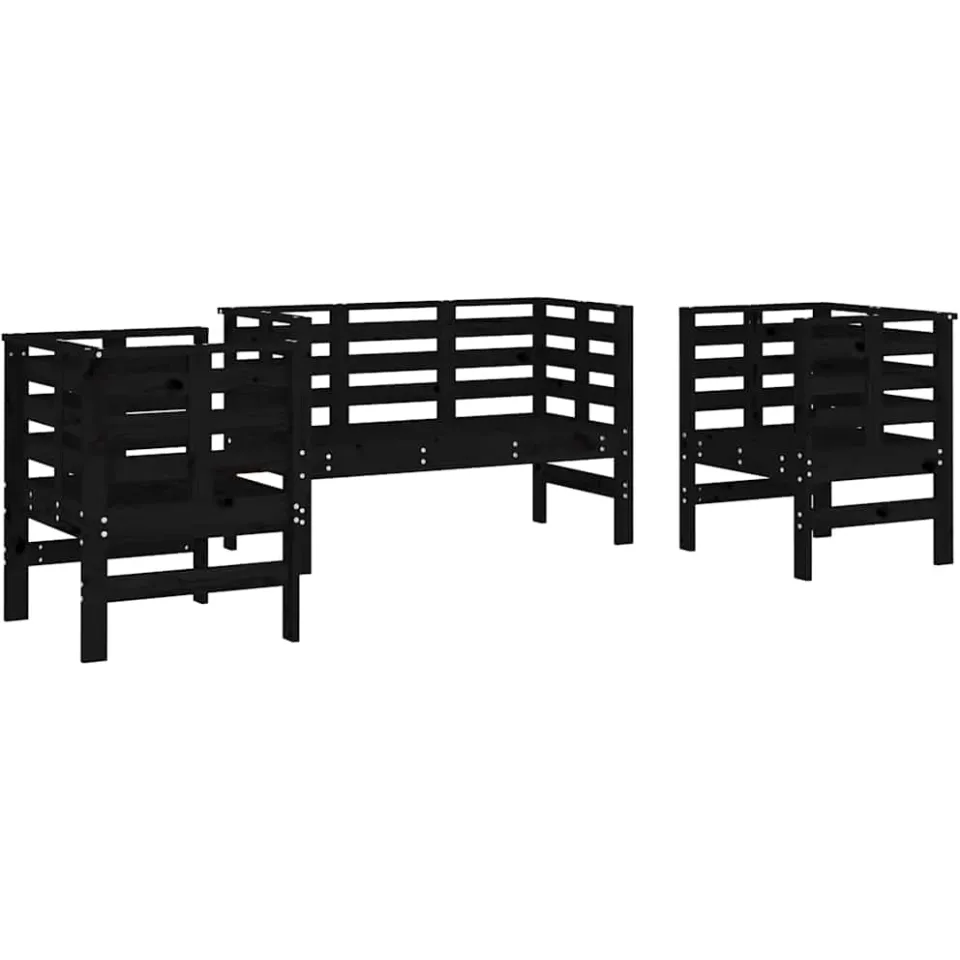 vidaXL 3-delige Loungeset massief grenenhout zwart