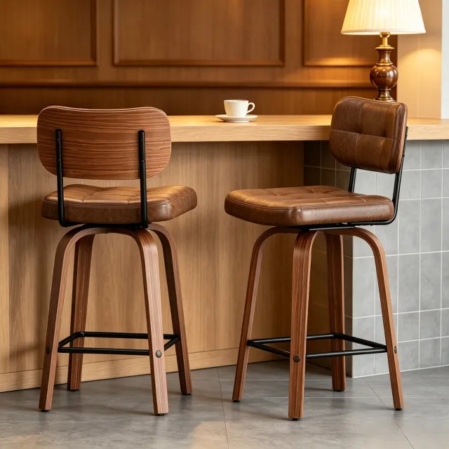 CHICFURN Barkruk - 360 graden draaibaar - Met rugleuning - Walnootbruin