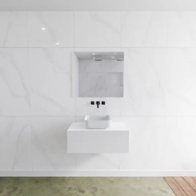 Mondiaz Badkamermeubelset Mondiaz LAGOM 80 cm met Topblad Gecentreerde Wastafel Solid Surface Opzetkom Binx Zonder Kraangaten Mat Wit (1 lade)