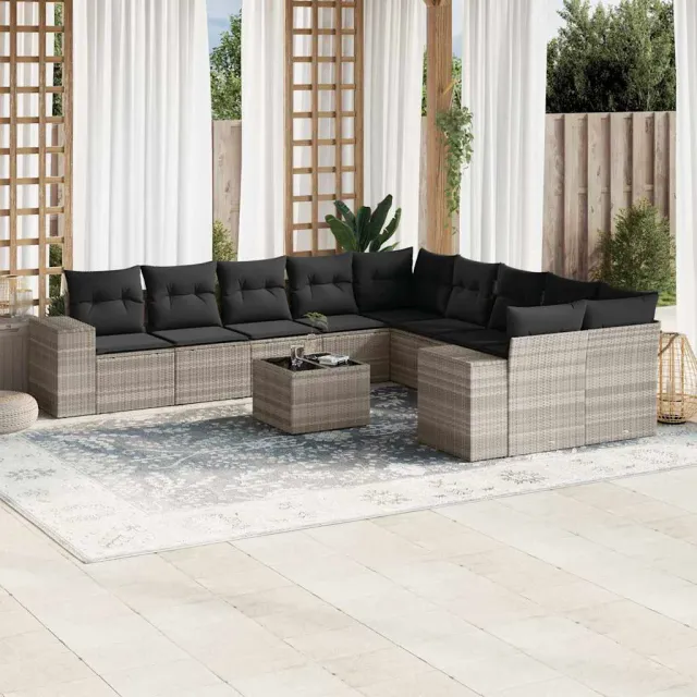 vidaXL 11-delige Loungeset met kussens poly rattan lichtgrijs