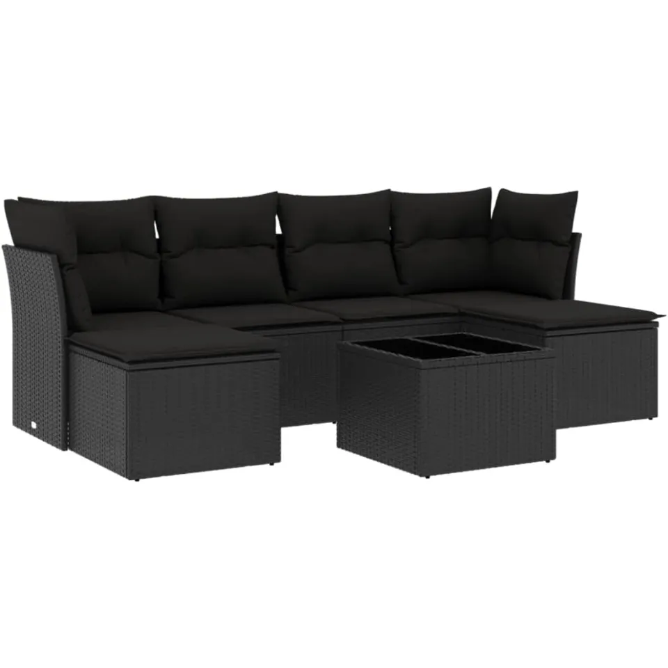vidaXL 7-delige Loungeset met kussens poly rattan zwart, foto 3