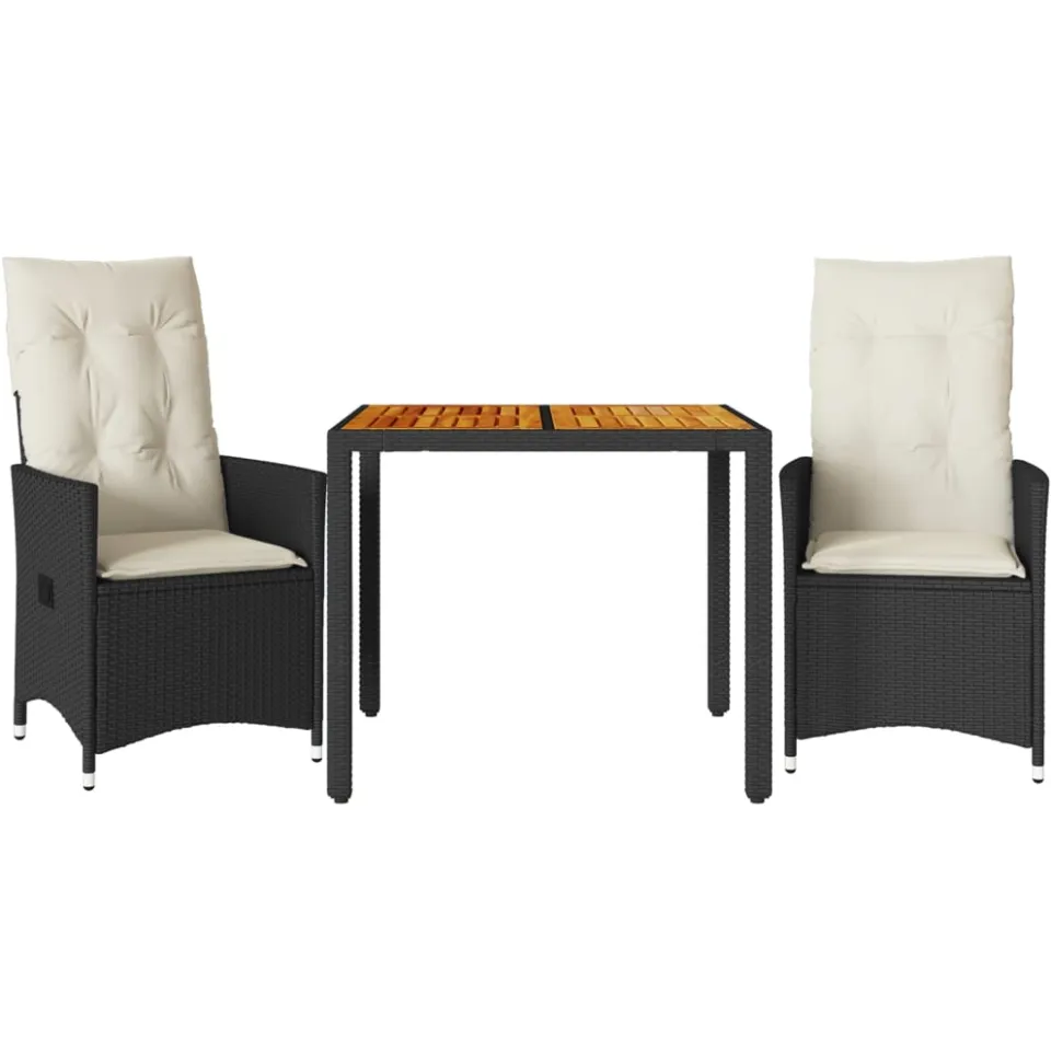 vidaXL 3-delige Bistroset met kussens poly rattan en acaciahout zwart, foto 3