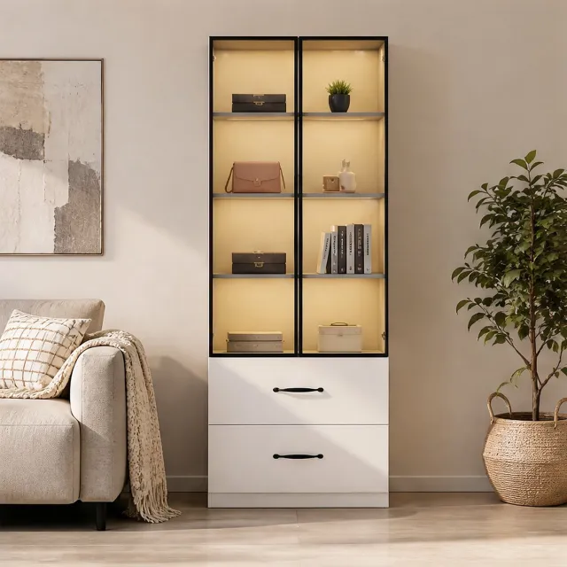 City long dragon LONG DRAGON - Vitrinekast - 160 cm wit - 2 glazen deuren van gehard glas, 2 lades en aluminium deurenframe