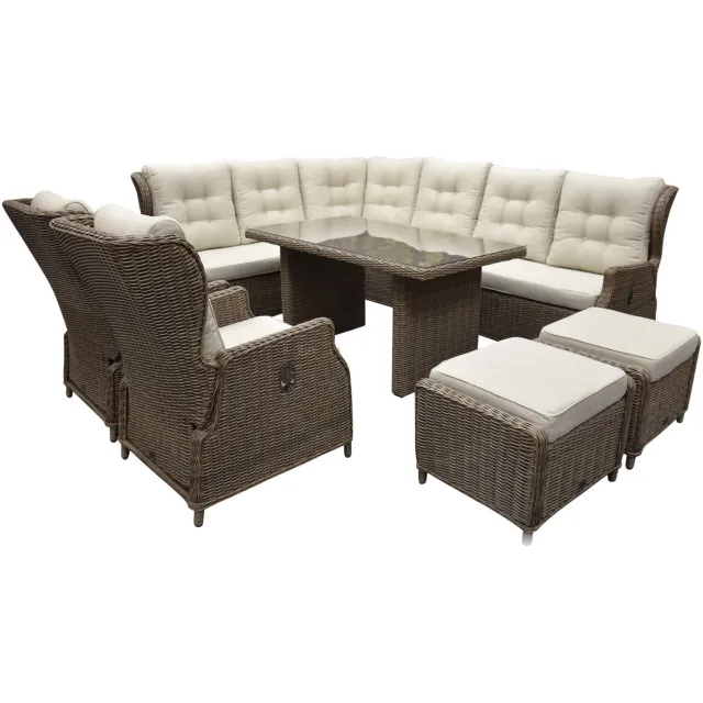 AVH-Collectie Ibiza dining hoek loungeset 9 delig verstelbaar bruin wicker | naturel mixed weave kussens Bruin / Terre
