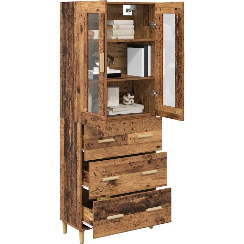 vidaXL Hoge kast Oud Hout 69,5 x 34 x 180 cm Geengineerd Hout en Glas Bruin