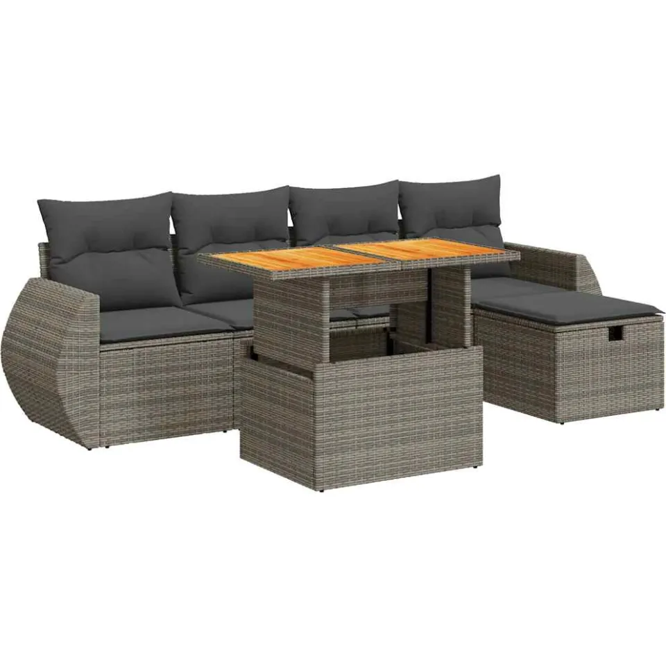 vidaXL 6-delige Loungeset met kussens poly rattan acacia grijs, foto 3
