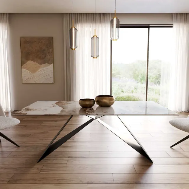 DELIFE Eetkamertafel Edge keramiek Minas Melange wit-beige 200x100 V-frame vlak staal zwart Weiß-Beige