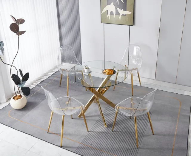 MODENUIT Eetkamerset - Tafel met 4 Stoelen - Hoge Rugleuning - Voor Eetkamer - Metaal en Fluweel - Goud Gouden