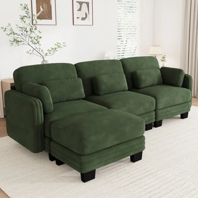 MODENUIT Hoekbank 253 x 143 x 88 cm - Modulaire 3-Zits met Voetenbank - Woonkamer - Chenille - Groen