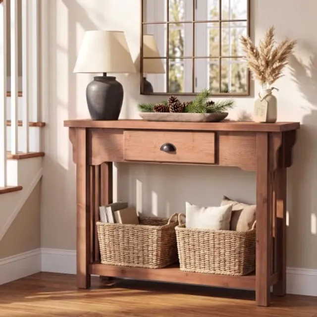 Little Trees LITTLE TREE Massief Houten Consoletafel - 105 x 30 x 80 cm - Met lade en opbergplank - Compacte sidetable voor entree, hal en woonkamer - Bruin