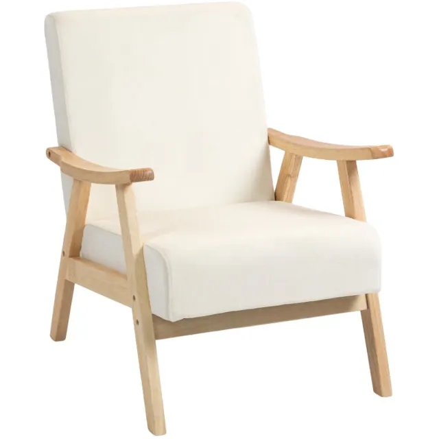 Merax Fauteuil Roomwit - Gestoffeerde Leunstoel Met Armleuningen Houten Frame Zacht Zitkussen En Scandinavische Uitstraling - Voor Woonkamer En Slaapkamer