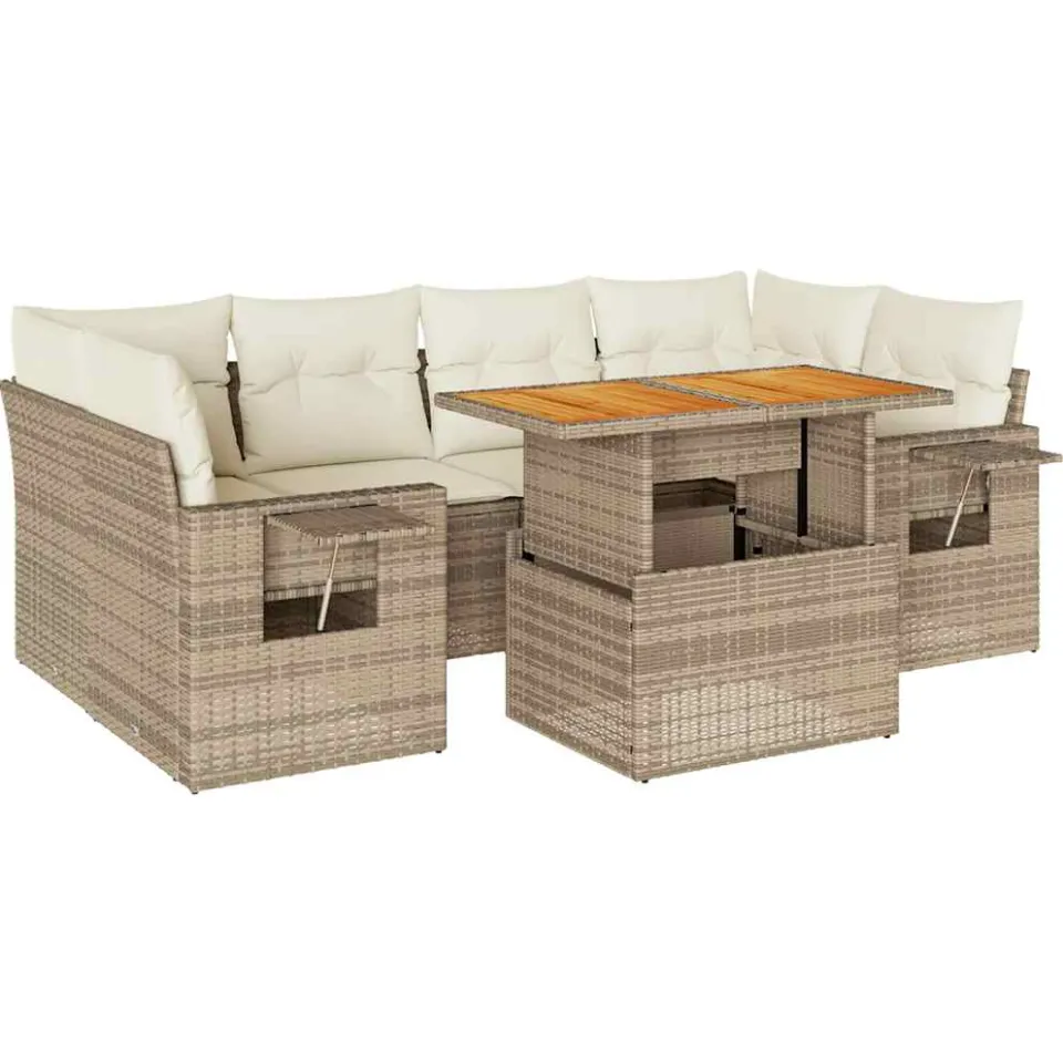 vidaXL 7-delige Loungeset met kussens poly rattan beige, foto 3