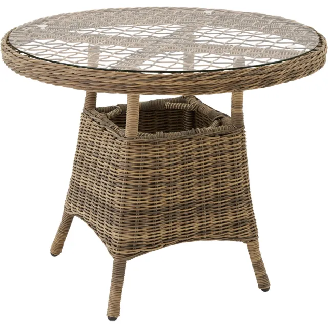 Tectake Aluminium Tuintafel met Hoogwaardig Wicker Vlechtwerk - Tafelblad van Veiligheidsglas - Outdoor Bijzettafel - Tafel voor Tuin, Terras en Balkon - Rond natuur