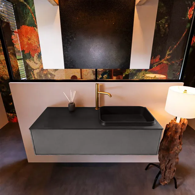 Mondiaz Badkamermeubelset Mondiaz Erin 120 cm met 1 Lade met RIDGE Wastafel Rechts Urban met 1 kraangat Greeploos Mat Dark Grey Grijs