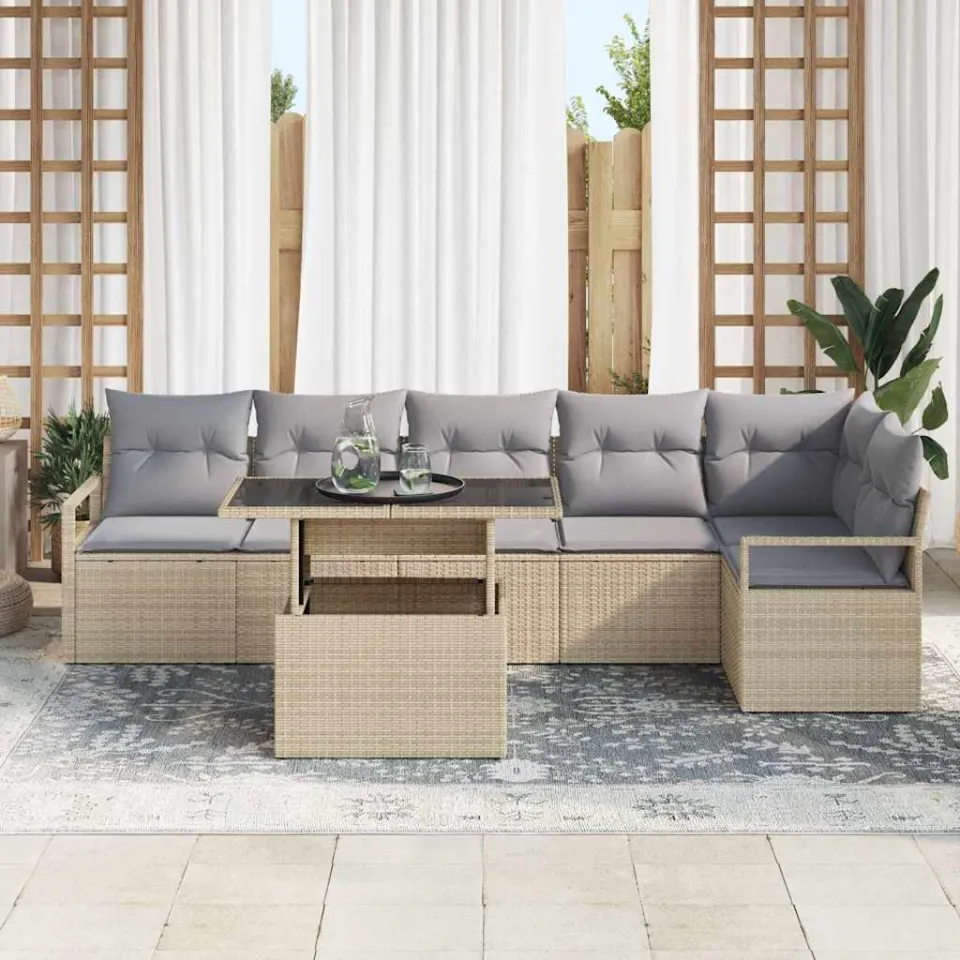 vidaXL Tuin Sofa Set 7 st Beige poly rattan, foto 3