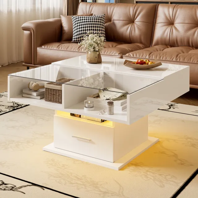 HAUSS SPOLE Salontafels - Koffietafel Verstelbaar Met Lade En Open Vak - 78x78x45,5/59,5 cm - Spaanplaat - Wit